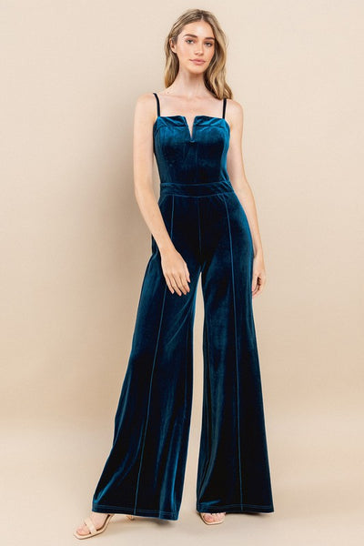 V-trim Velvet Jumpsuit