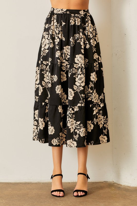 Dark Floral Romance Midi Skirt