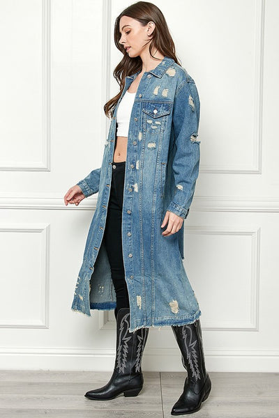 Long-Line Distressed Denim Jacket