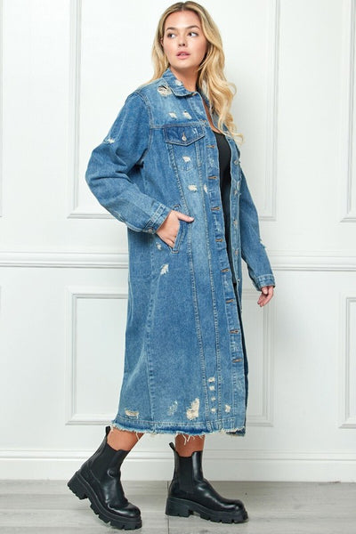 Long-Line Distressed Denim Jacket
