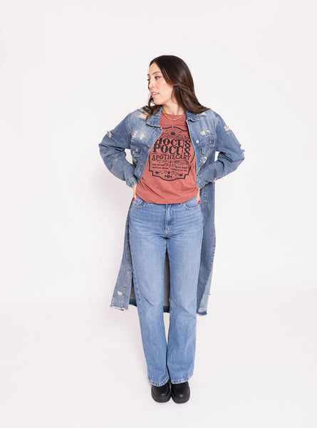 Long-Line Distressed Denim Jacket
