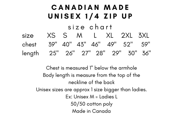 Size chart for quarter zip pullover